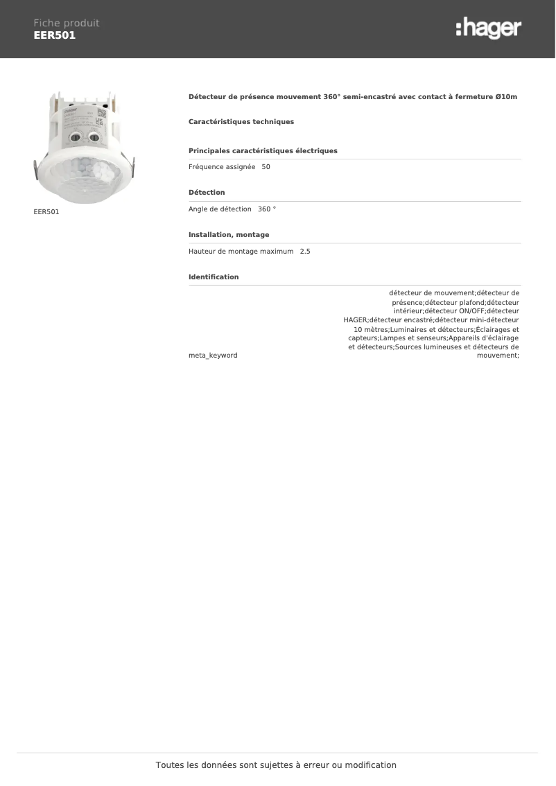 Page 1 de la notice Fiche technique Hager EER501
