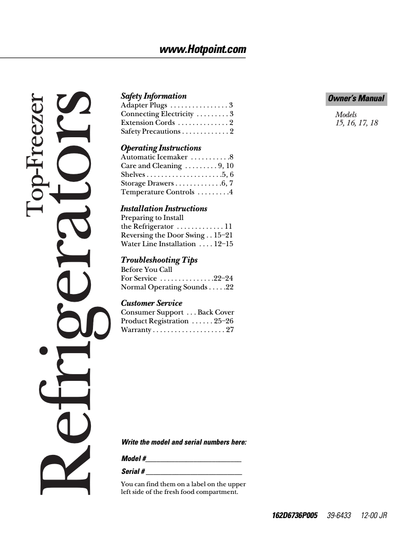 Page n°1 - Manuel d'utilisation et d'entretien Hotpoint HTS16HBRWW