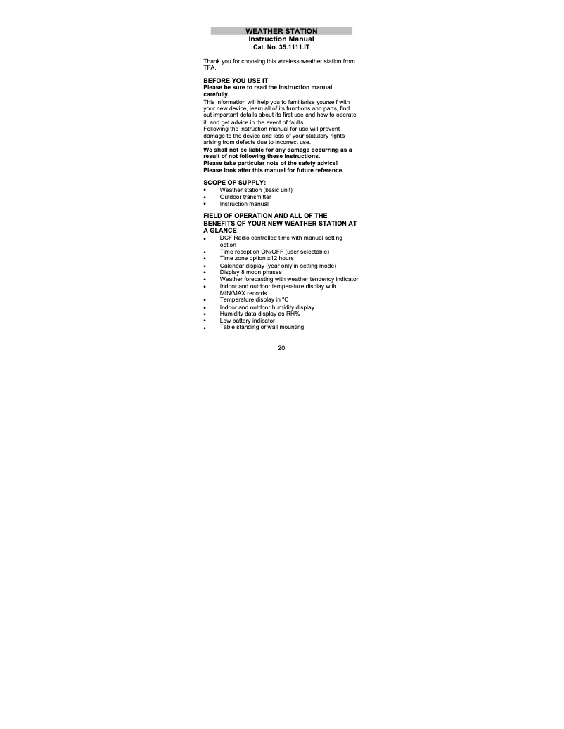 Page 1 de la notice Manuel utilisateur TFA Xeno