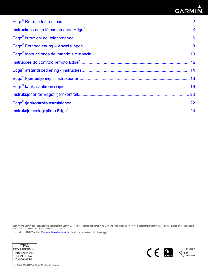 Page 1 de la notice Manuel utilisateur Garmin Edge Remote Control