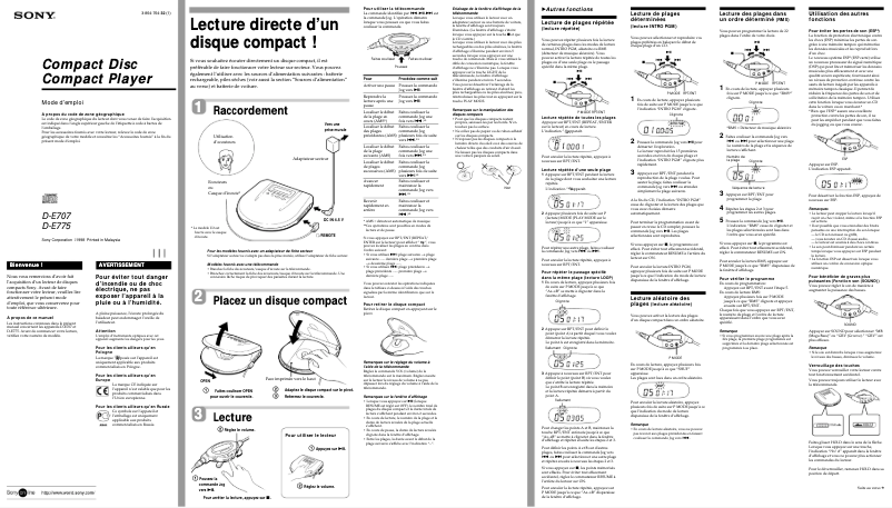 Page 1 de la notice Manuel utilisateur Sony Discman D-E775