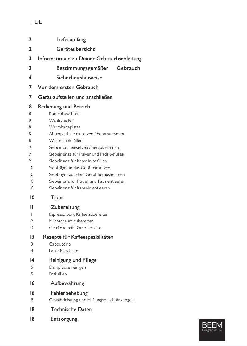 Page 1 de la notice Manuel utilisateur BEEM Espresso Perfect