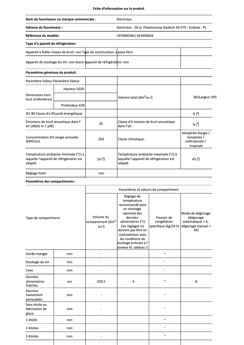 Page 1 de la notice Fiche technique Electrolux LNT6MD36U