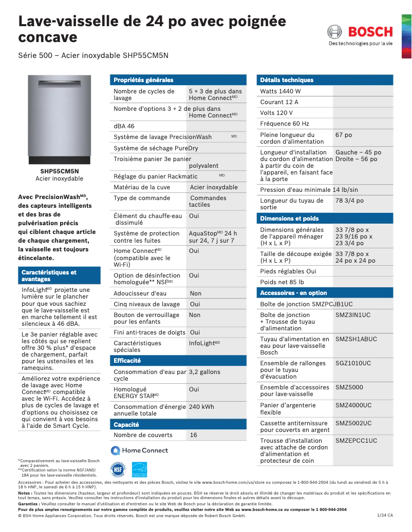 Page 1 de la notice Fiche technique Bosch SHP55CM5N