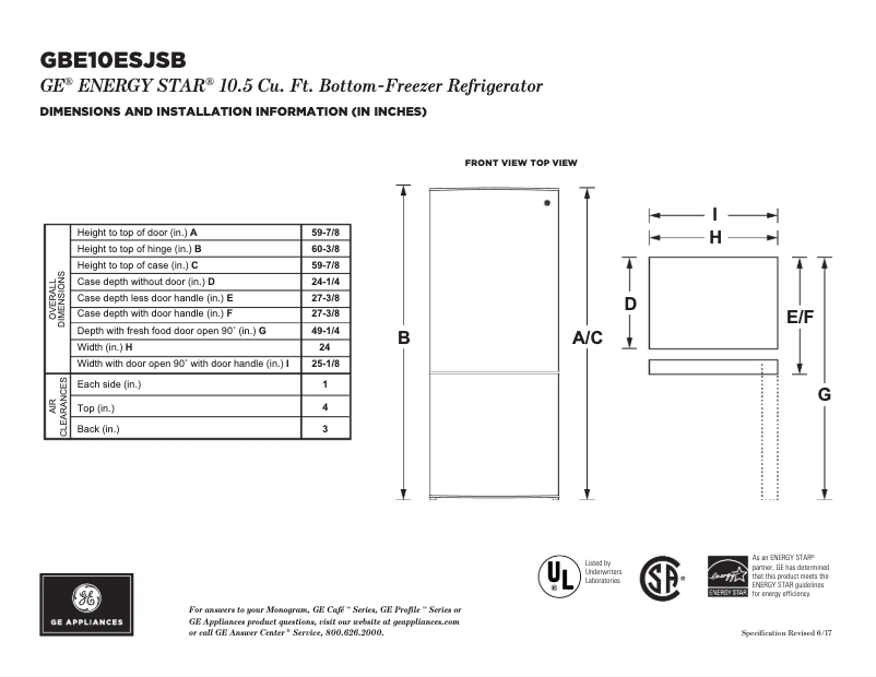 Page 1 de la notice Fiche technique GE GBE10ESJSB