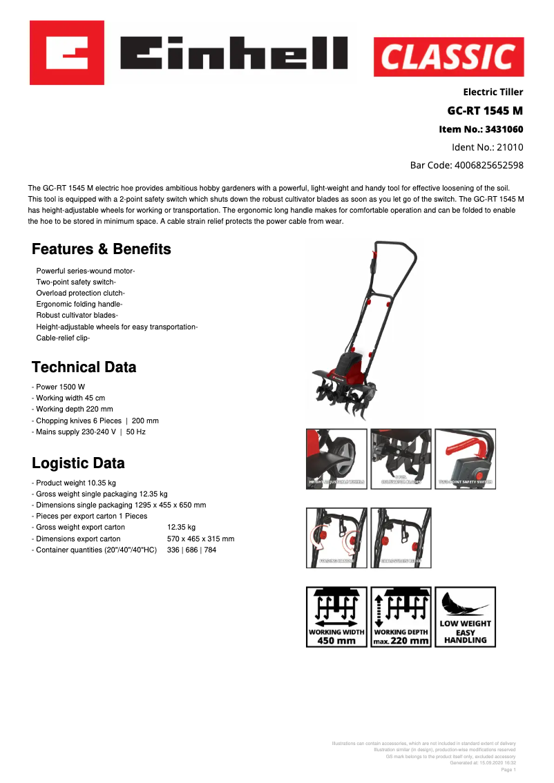 Page 1 de la notice Fiche technique Einhell GC-RT 1545 M