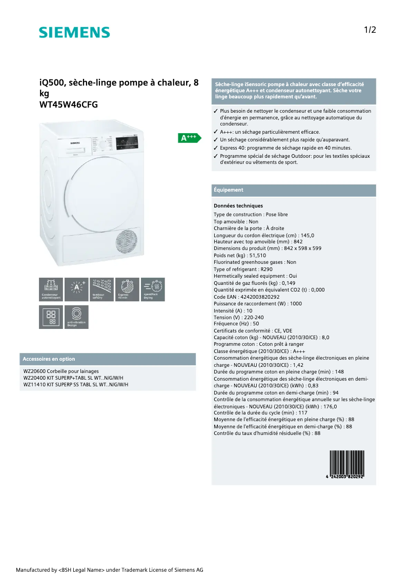 Page 1 de la notice Fiche technique Siemens iQ500 WT45W46CFG