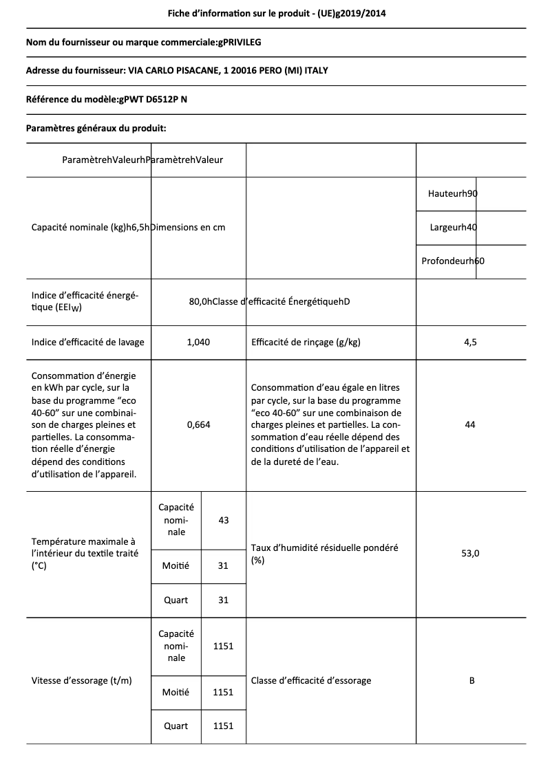 Page n°1 - Fiche technique Privileg PWT D6512P N