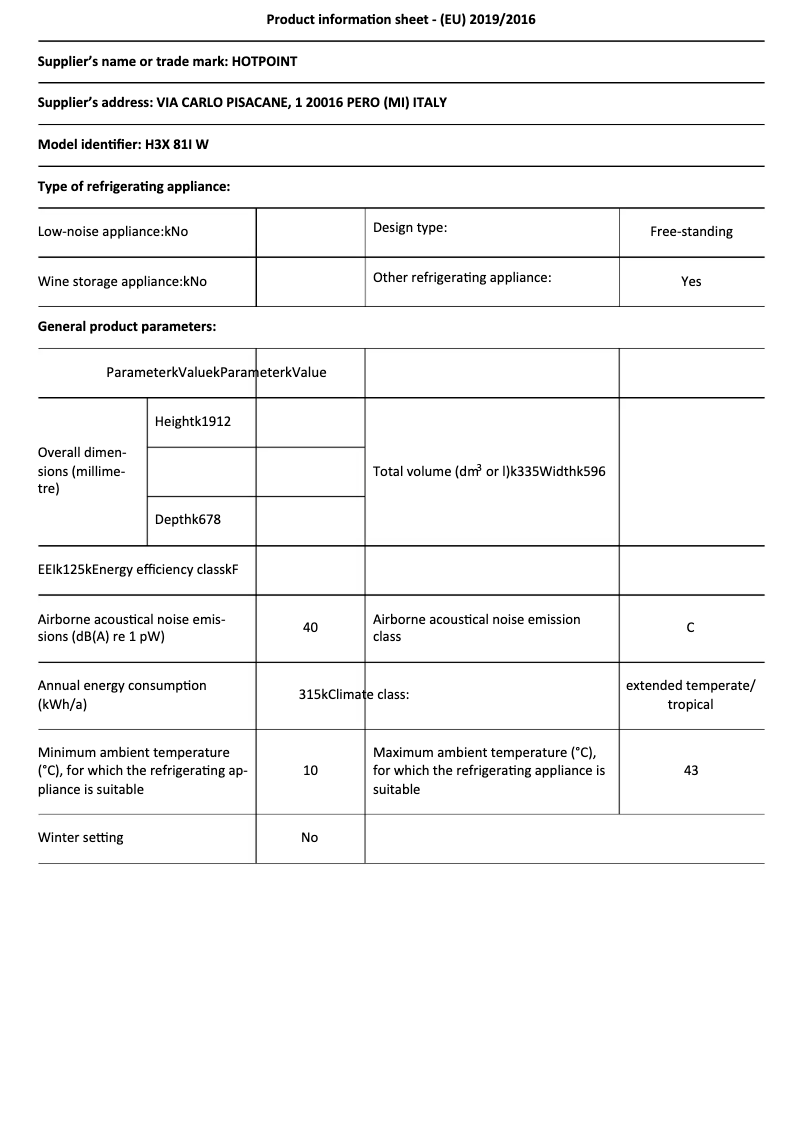Page n°1 - Fiche technique Hotpoint H3X 81I W