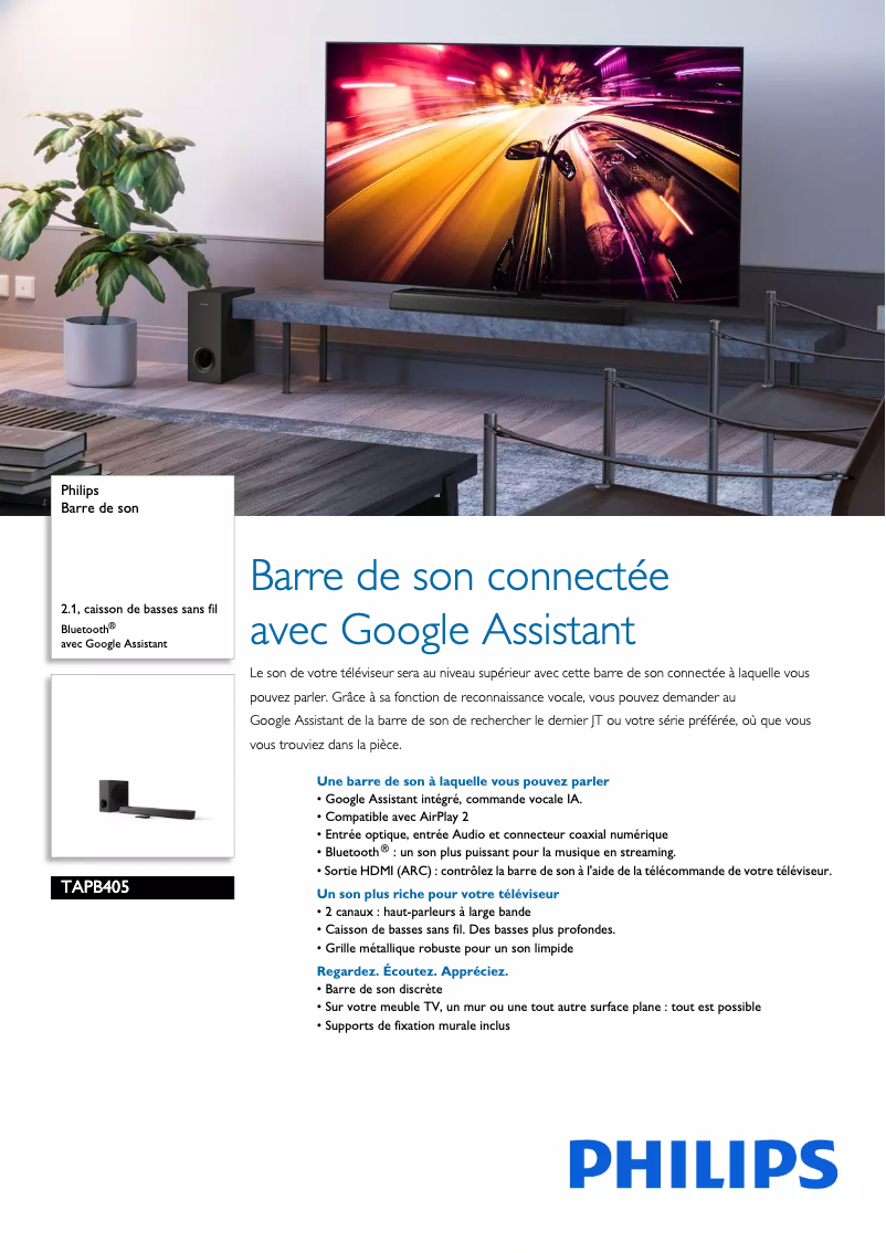 Page 1 de la notice Fiche technique Philips TAPB405