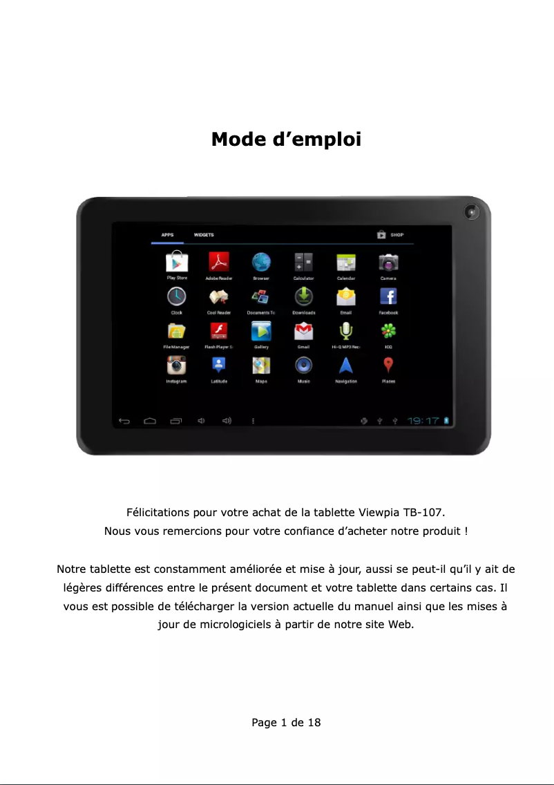 Page n°1 - Manuel utilisateur Viewpia TB-107