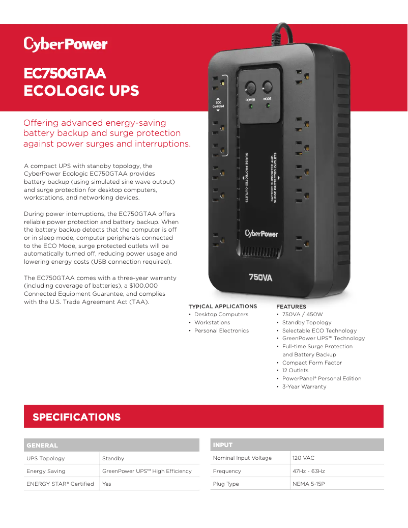 Page n°1 - Fiche technique CyberPower EC750G