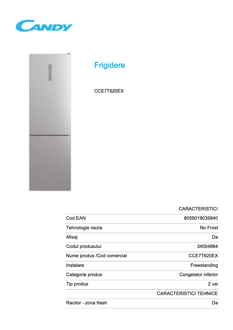 Page 1 de la notice Fiche technique Candy CCE7T620EX