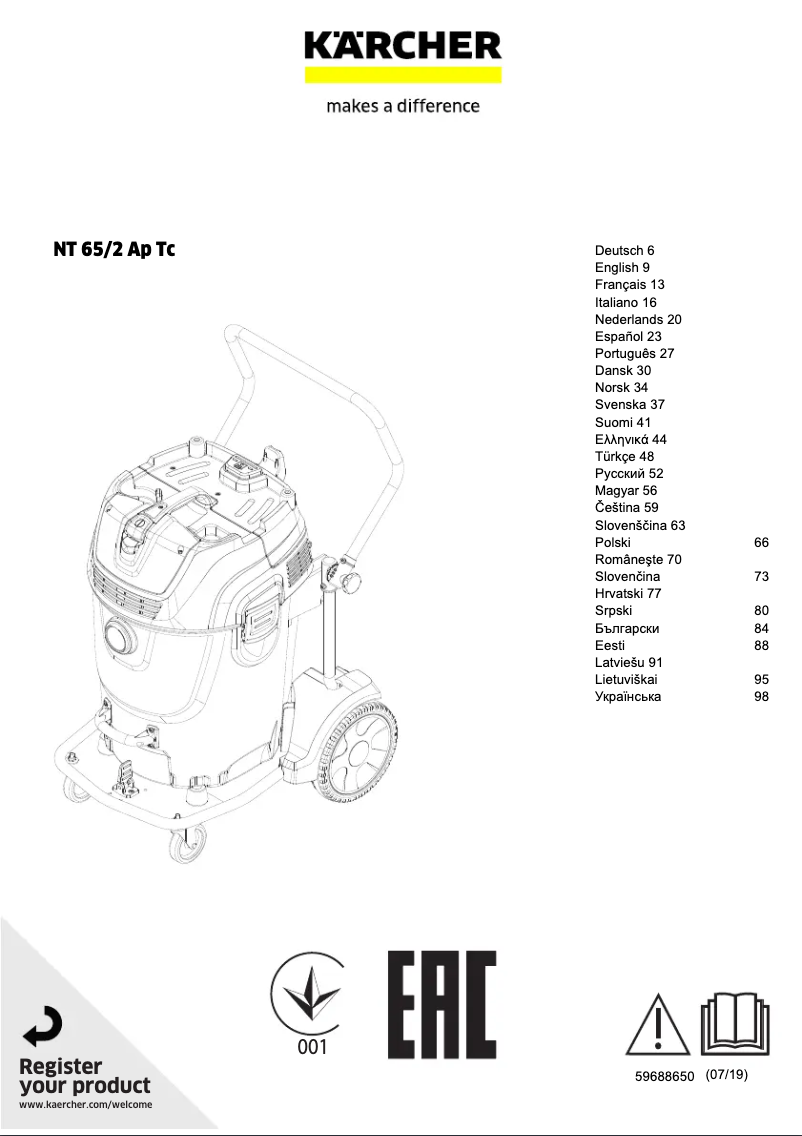 Page 1 de la notice Manuel utilisateur Kärcher NT 65/2 Ap Tc Agri