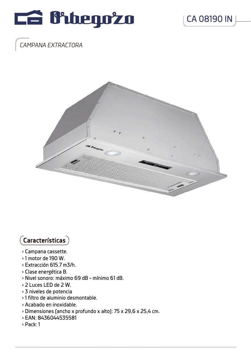 Page 1 de la notice Fiche technique Orbegozo CA 08190 IN