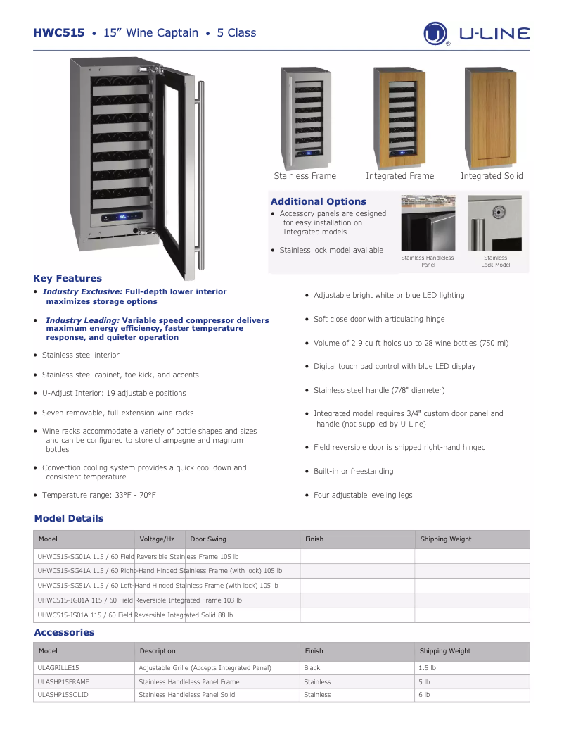 Page n°1 - Fiche technique U-Line UHWC515-SG41A