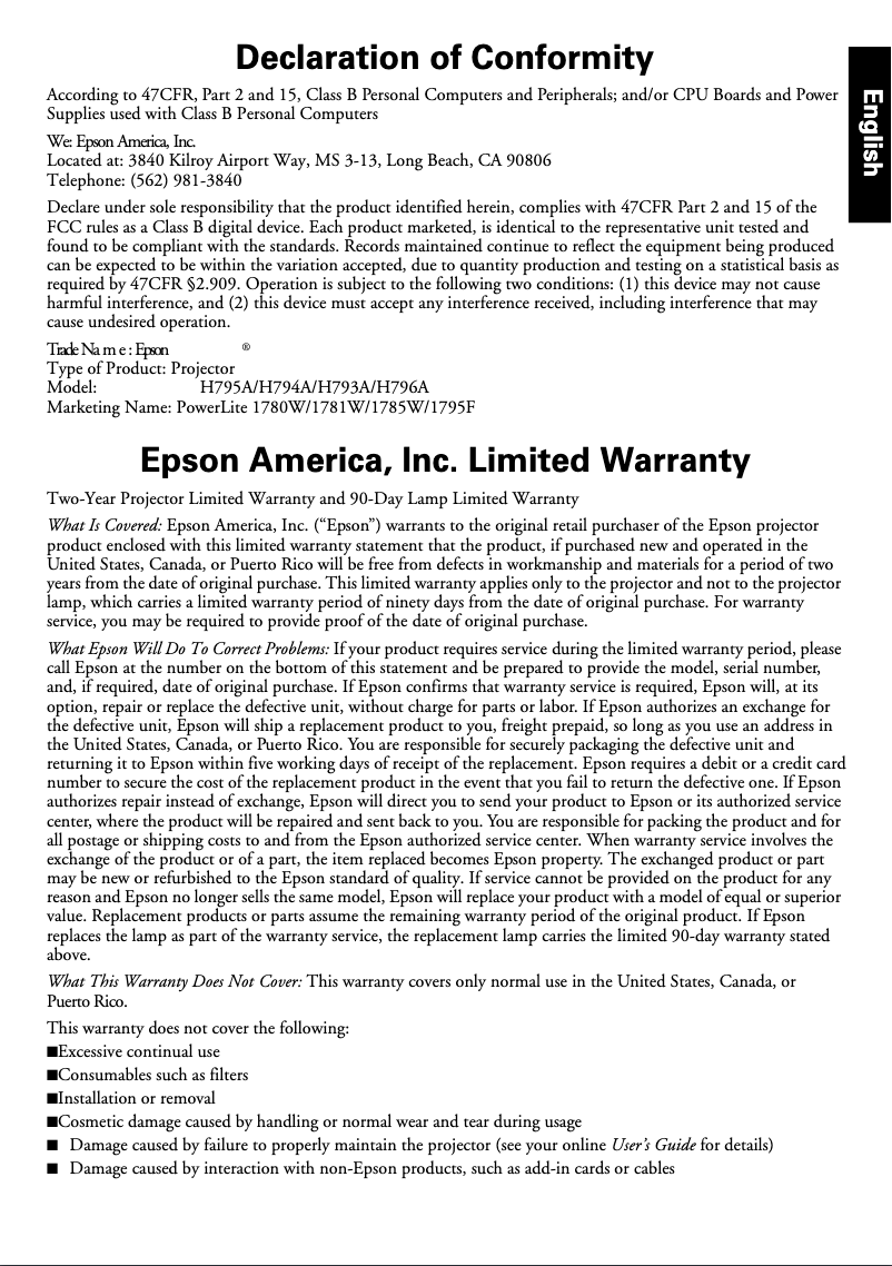 Página 1 del manual Información de garantía Epson PowerLite 1785W