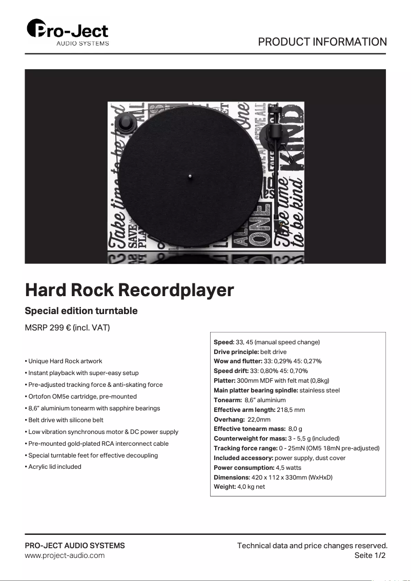 Page n°1 - Fiche technique Pro-Ject Hard Rock Café