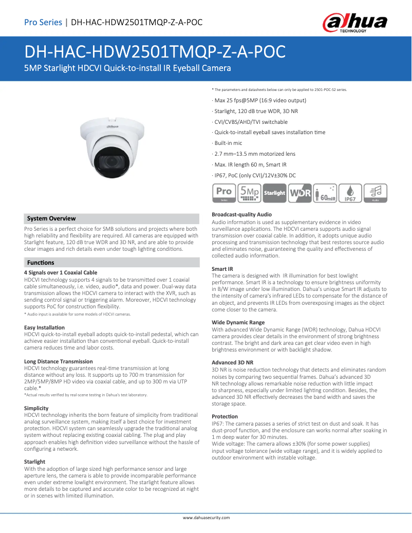 Page n°1 - Fiche technique Dahua Technology HAC-HDW2501TMQ-Z-A-POC