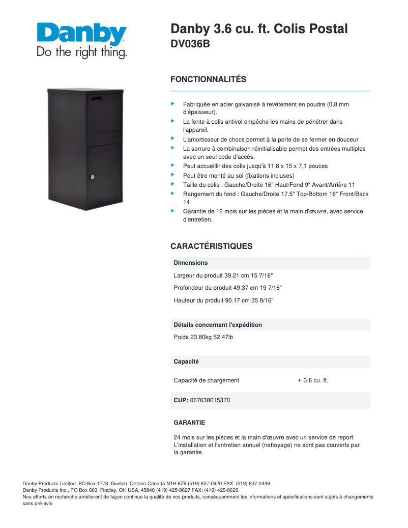 Page 1 de la notice Fiche technique Danby DV036B
