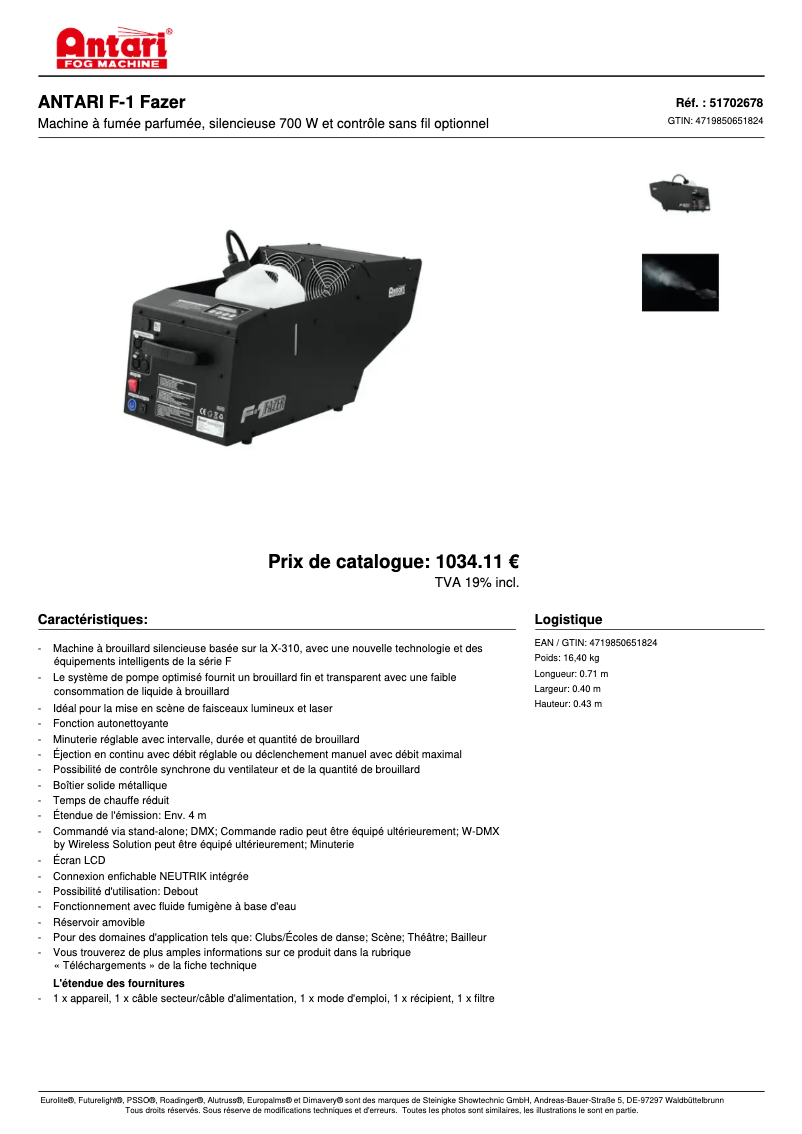 Page 1 de la notice Fiche technique Antari F-1 Fazer