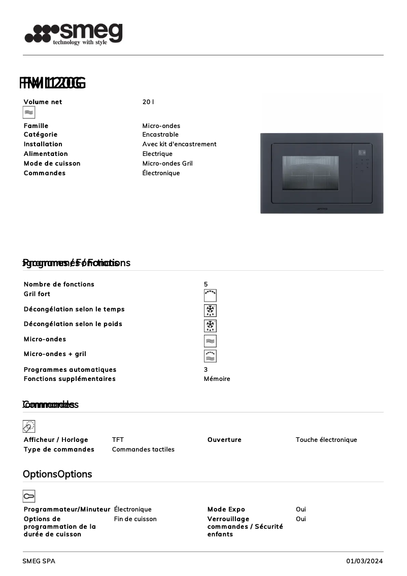 Página 1 del manual Ficha técnica Smeg FMI120G