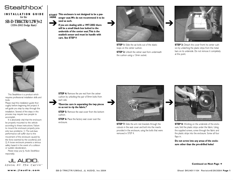 Page 1 de la notice Guide d'installation JL Audio Stealthbox SB-D-TRKCTR2/12W3v3