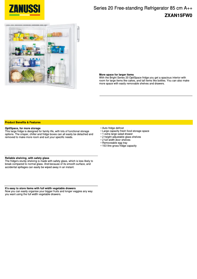 Page 1 de la notice Fiche technique Zanussi ZXAN15FW0