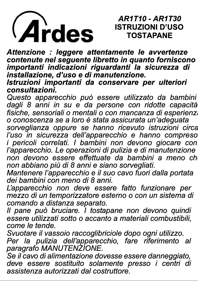 Page n°1 - Manuel utilisateur Ardes AR1T30