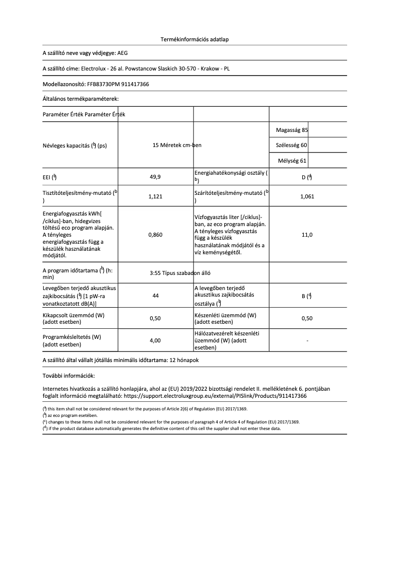 Page 1 de la notice Fiche technique AEG FFB83730PM