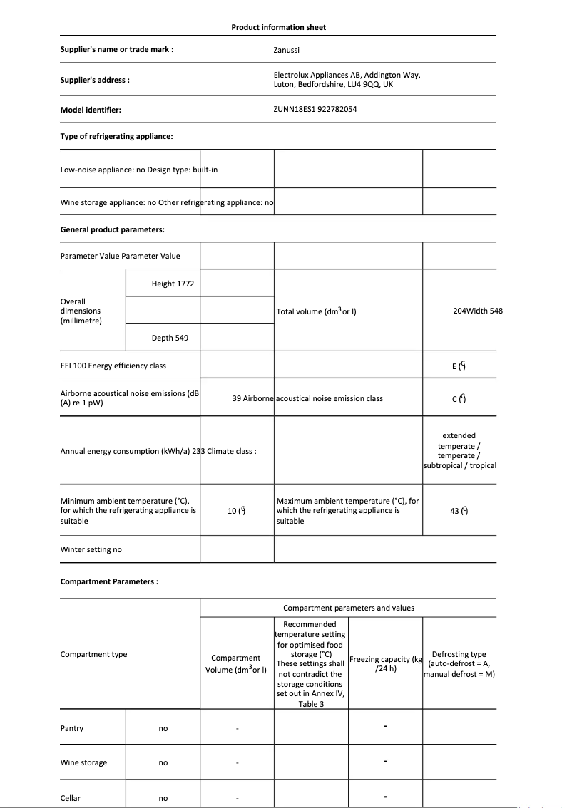 Page n°1 - Fiche technique Zanussi ZUNN18ES1