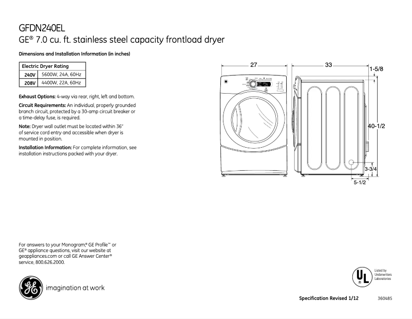 Page n°1 - Fiche technique GE GFDN240ELWW