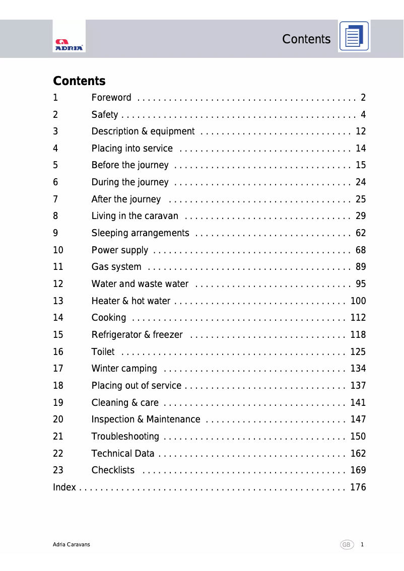 Page 1 de la notice Manuel utilisateur Adria Aviva 485 LX (2012)
