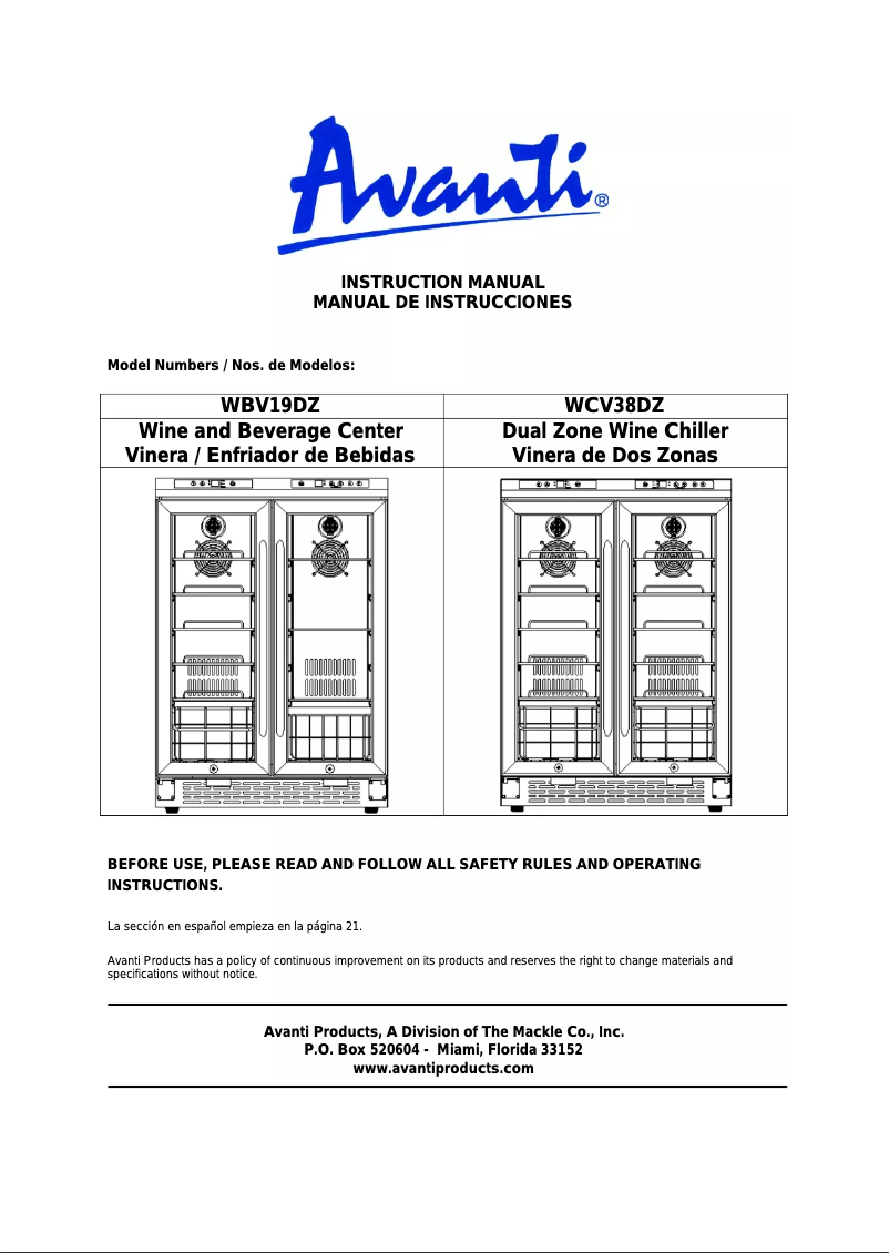 Page 1 de la notice Fiche technique Avanti WCV38DZ