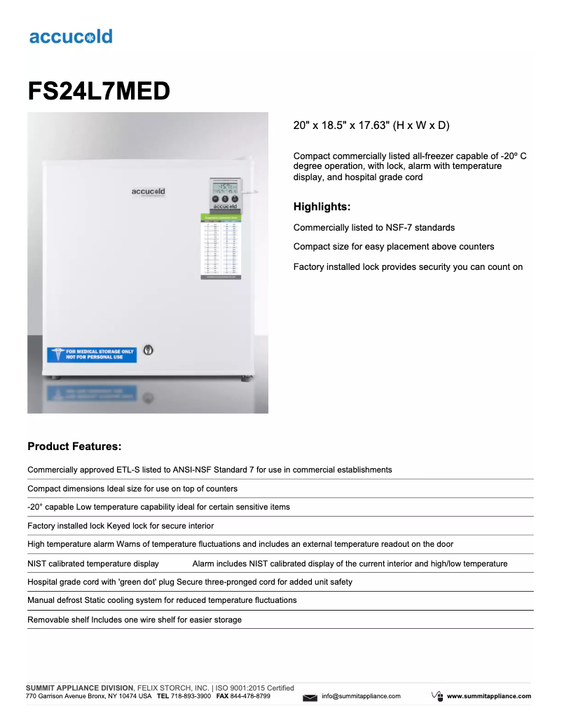 Page n°1 - Fiche technique Summit Accucold FS24L7MED