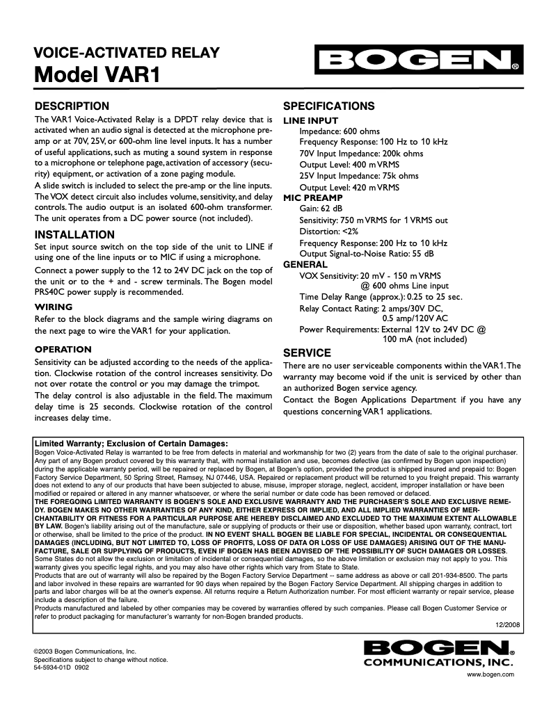 Page n°1 - Manuel utilisateur Bogen VAR1