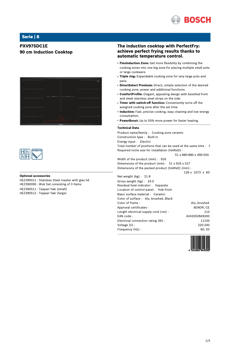 Page 1 de la notice Fiche technique Bosch PXV975DC1E