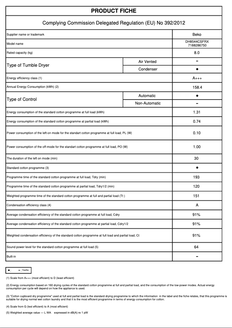 Page 1 de la notice Fiche technique Beko DH8544CSFRX