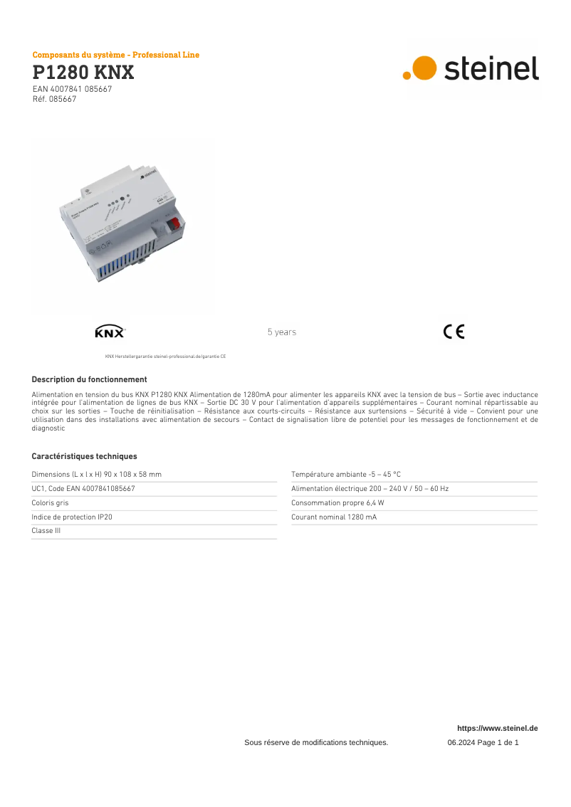 Page 1 of the manual Technical Sheet Steinel P1280 KNX