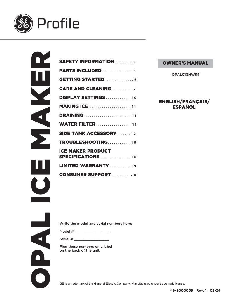 First page image of the manual for Profile Opal OPAL01GHWSS