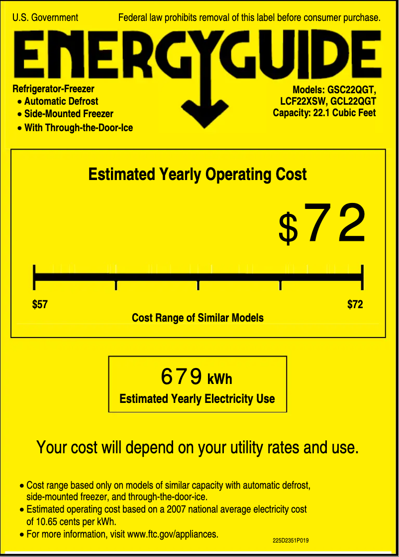 Page 1 de la notice Label énergétique GE GSC22QGTBB