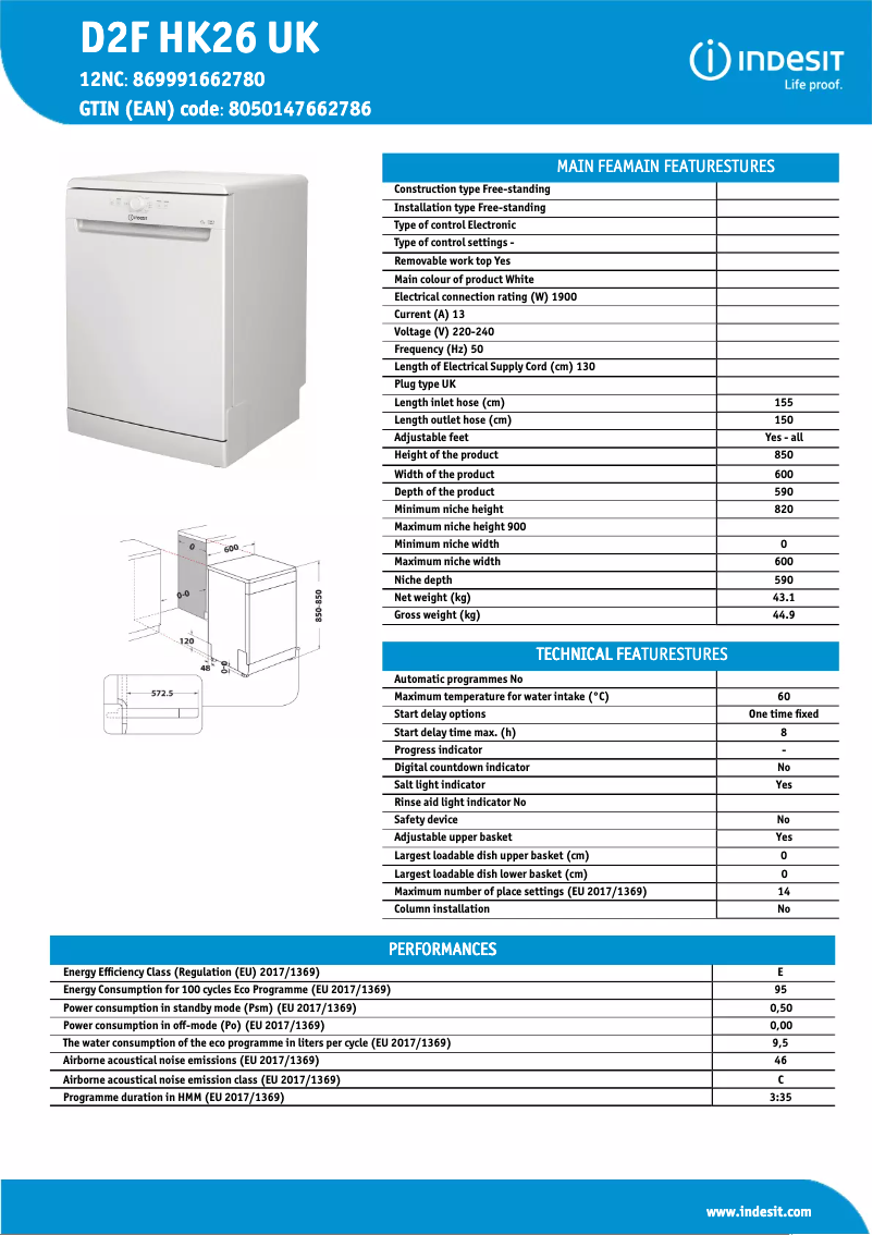 Page n°1 - Fiche technique Indesit D2F HK26