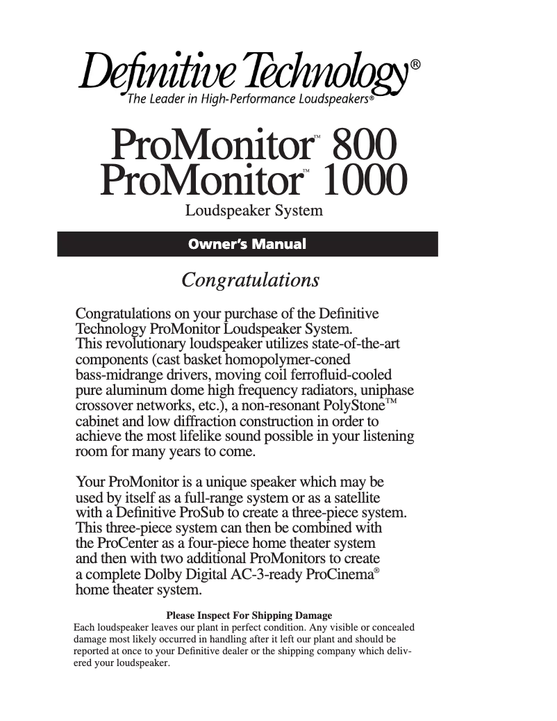 Page 1 de la notice Manuel utilisateur Definitive Technology ProCinema 1200