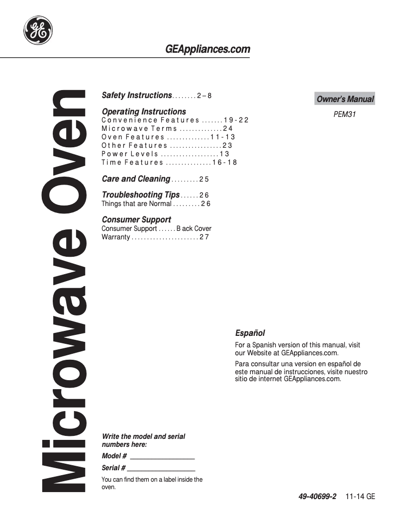 Page n°1 - Manuel d'utilisation et d'entretien GE PEM31DFCC Profile