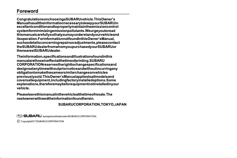 Page 1 de la notice Instructions de sécurité Subaru Impreza (2017)