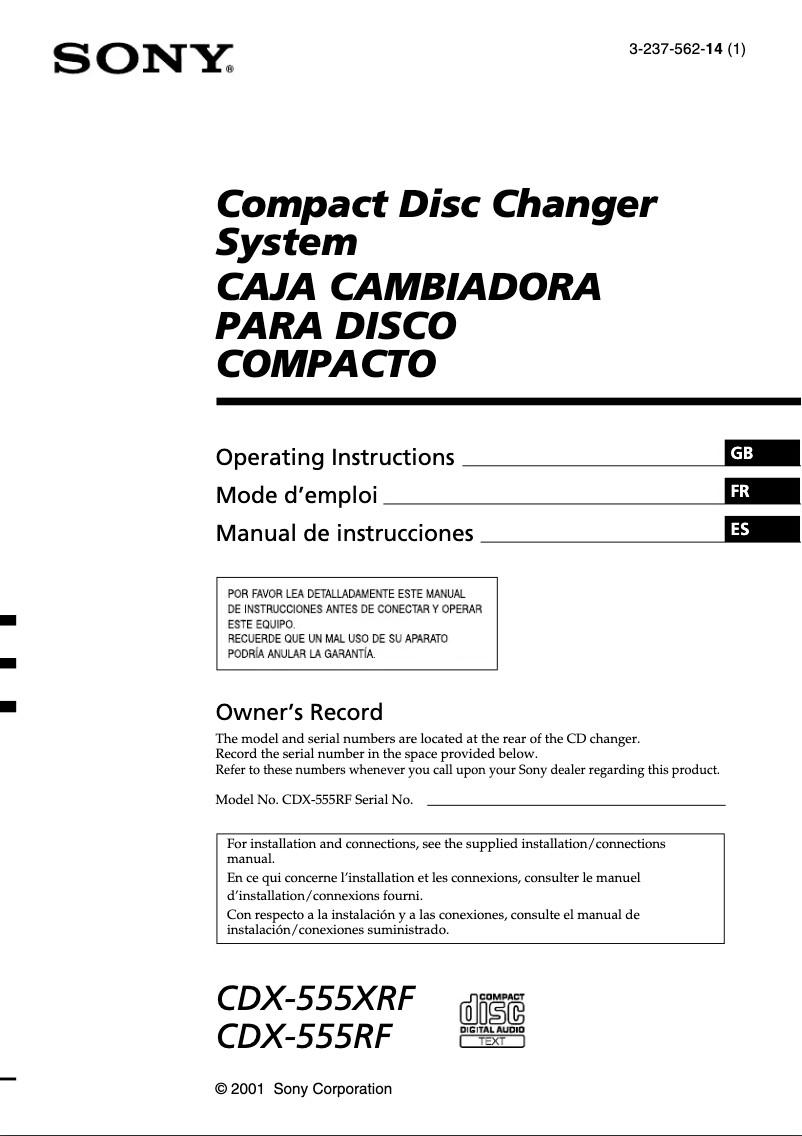 Page n°1 - Manuel utilisateur Sony CDX-555XRF
