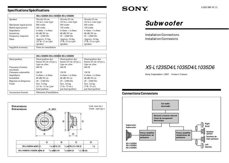 Page 1 de la notice Guide d'installation Sony XS-L1035D4