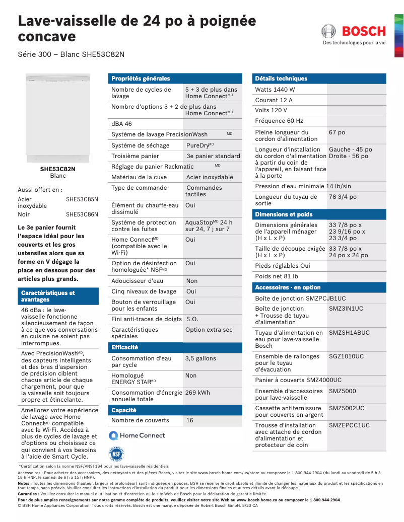 Page 1 de la notice Fiche technique Bosch SHE53C82N