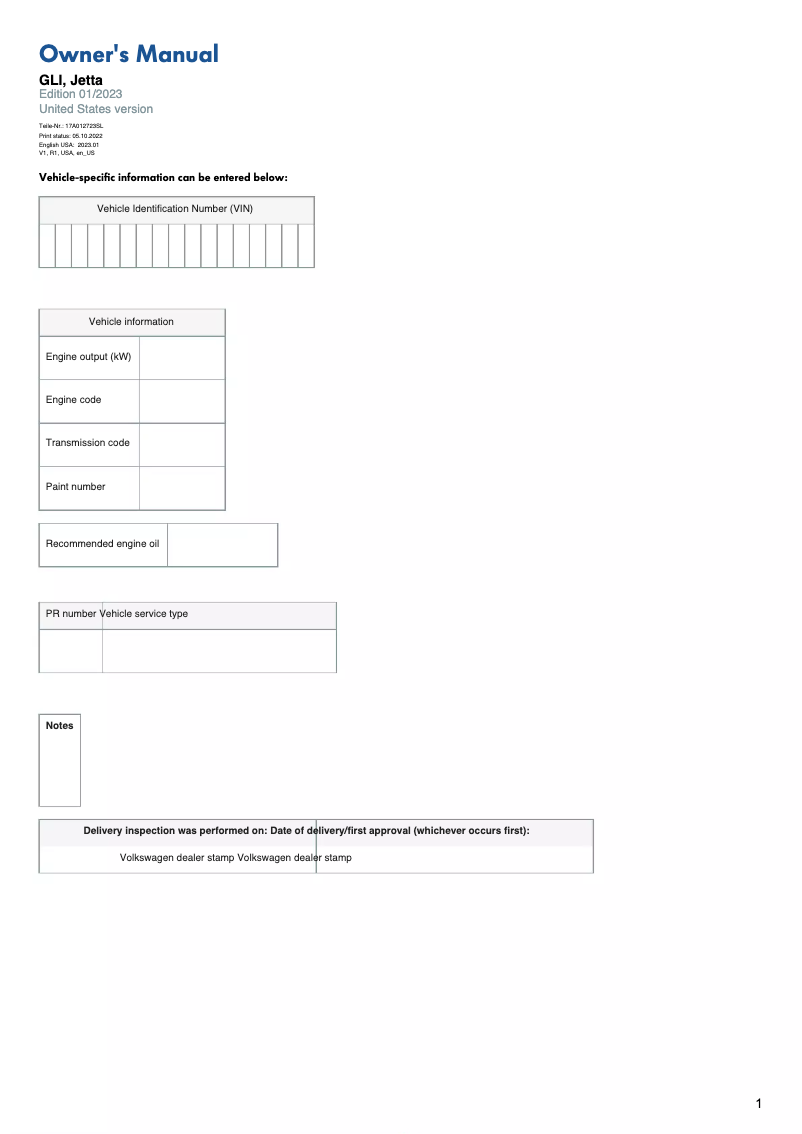 Page 1 de la notice Manuel utilisateur Volkswagen Jetta (2023)