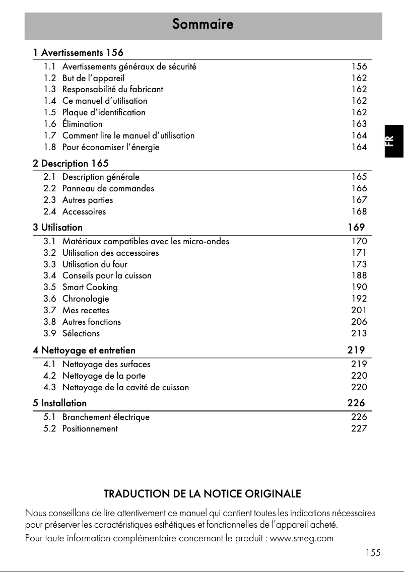 Page 1 de la notice Manuel utilisateur Smeg SF4604WMCNR
